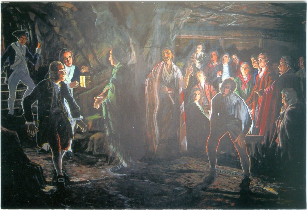 Prisoner Lodging Room, David Wagner, 1976. Image depicting the 1781 loyalist escape.